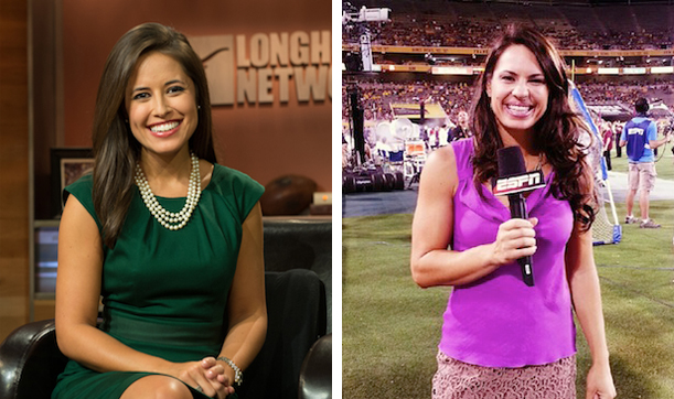 ESPN college baseball sideline reporters Kaylee Hartung (L) and Jessica Men...