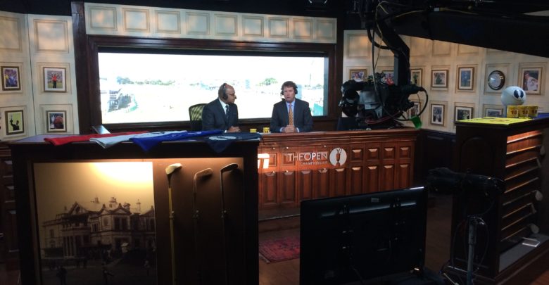 Photo of Inside the 18th hole announce booth for ESPN’s Open Championship coverage