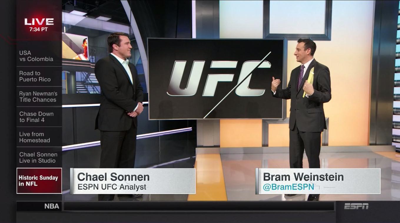Anchor Bram Weinstein welcomed new UFC analyst Chael SonnenSportsCenter this morning. (ESPN)