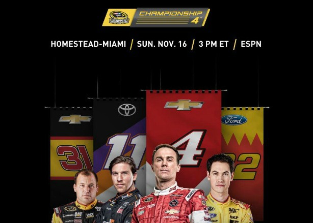 (L-R) Ryan Newman, Denny Hamlin, Kevin Harvik and Joey Logano are the four drivers vying to win the Chase for the NASCAR Sprint Cup Championship next Sunday. (Getty Images for NASCAR)