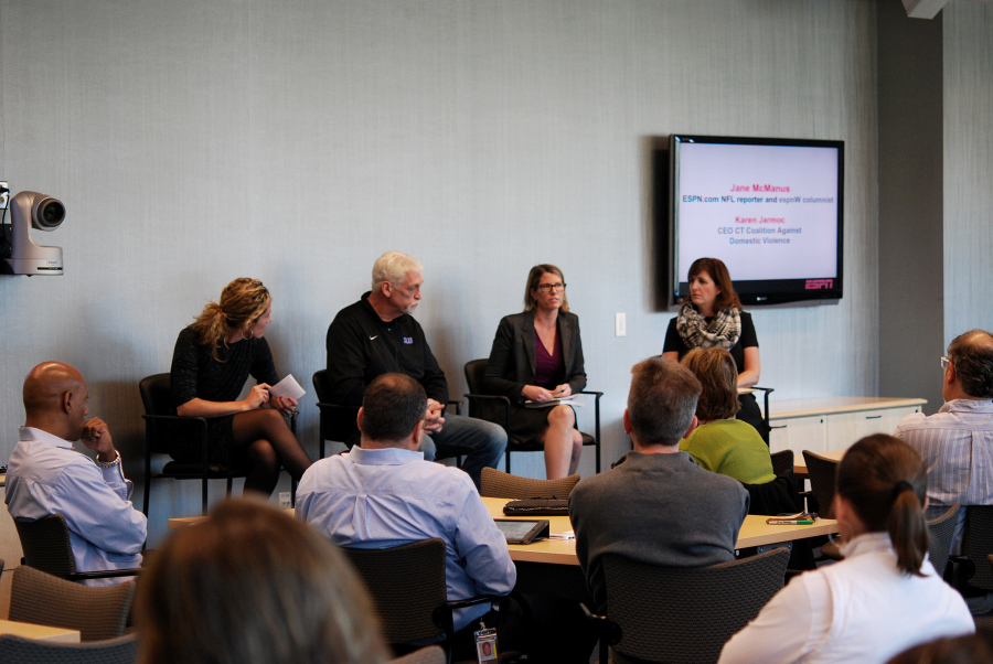 (L to R) Keri Potts, Joe Ehrmann, Jane McManus, Karen Jarmoc.