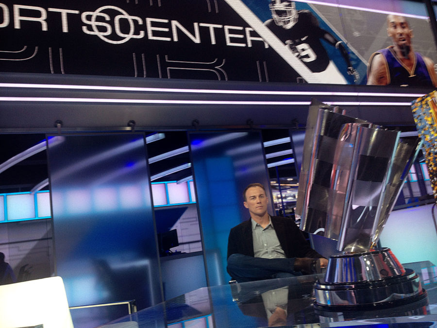 NASCAR driver Kevin Harvick visited the SportsCenter set with the NASCAR Sprint Cup Trophy. (Photo courtesy of Matt Nordby/NASCAR Communications)
