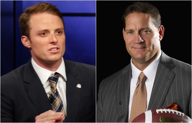 SEC Network commentators former Alabama quarterback Greg McElroy (l) and former Auburn head football coach Gene Chizik. (McElroy photo: Travis Bell/ESPN Images ; Chizik photo: Phil Ellsworth/ESPN Images)