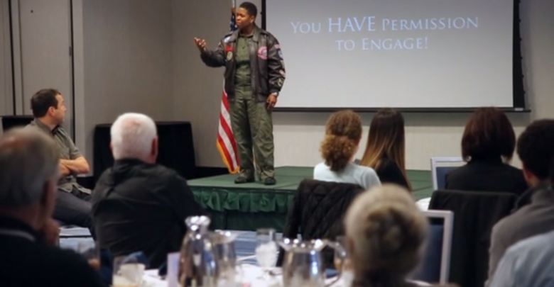 Photo of Combat pilot Vernice “FlyGirl” Armour speaks to ESPN Veterans Group