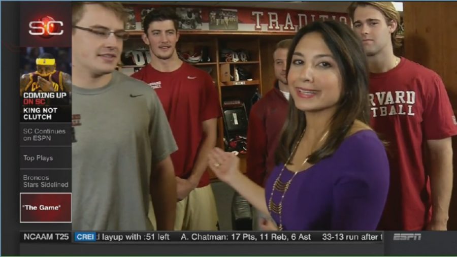 Boston-based reporter Michele Steele was reporting for SportsCenter at Harvard before Saturday's game. (ESPN)