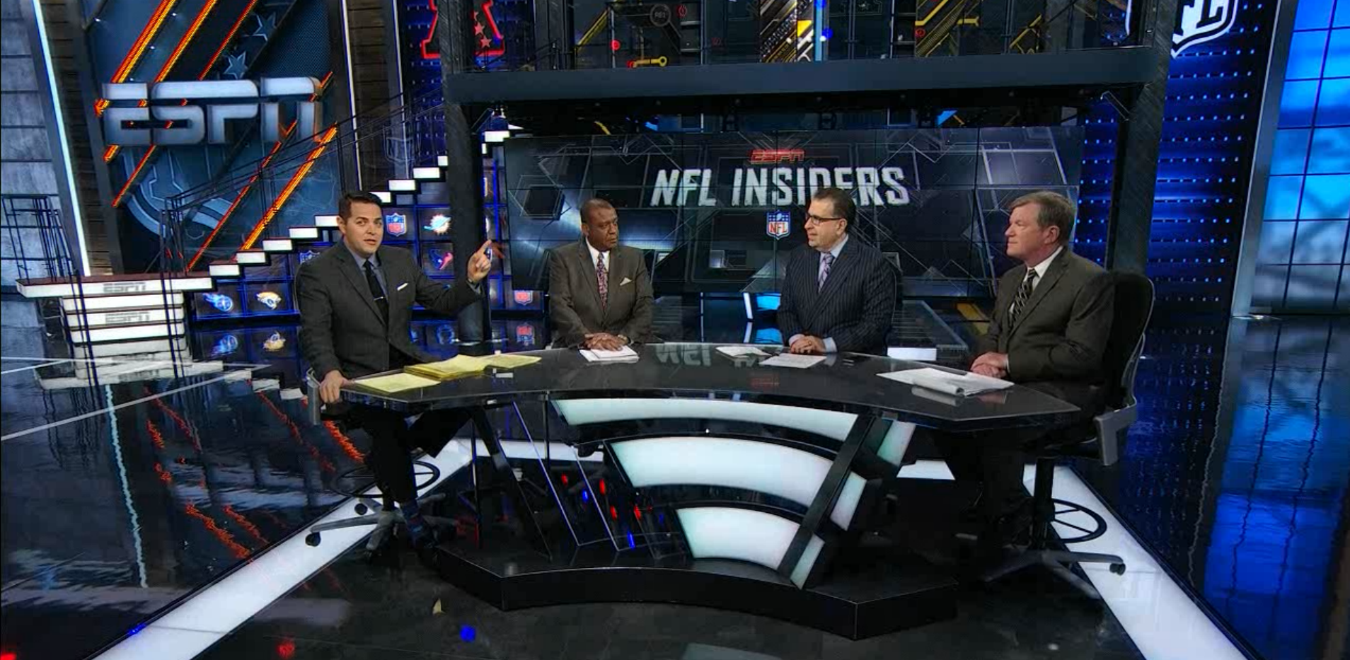 Host Robert Flores and NFL Insiders Jarrett Bell, Adam Caplan and Marty Hurney on the set of NFL Insiders. (ESPN)