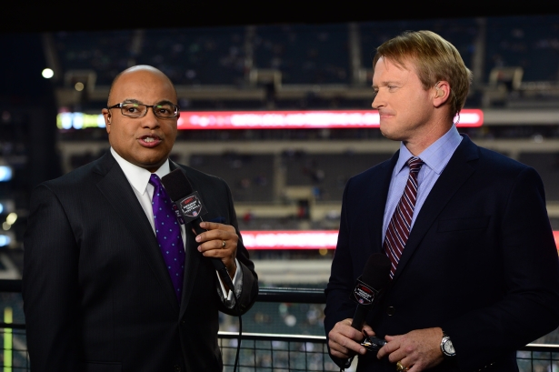 (L to R) Mike Tirico and Jon Gruden during a regular season Monday Night Football game. (Joe Faraoni/ESPN Images)