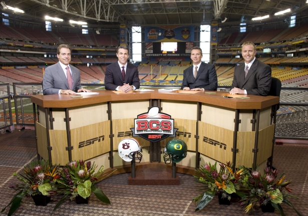ESPN's 2011 BCS coverage included (l to r) Alabama head coach Nick Saban, host Chris Fowler, current Ohio State head coach Urban Meyer and analyst Kirk Herbstreit discussing the championship game at the University of Phoenix Stadium. (Joe Faraoni/ESPN Images)