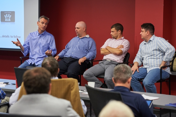 (L-R) Colin Cowherd, host of The Herd, with his ESPN Radio colleagues Jason Barrett,  Joshua Drew and Vince Kates-Paulus addressed a seminar earlier this year. (Rich Arden/ESPN Images)