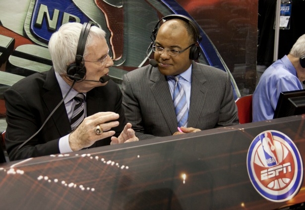 Commentators Hubie Brown (l) and Mike Tirico call the action for the Atlanta Hawks at Orlando Magic game during the 2010 NBA playoffs. (Don Juan Moore/ESPN Images)