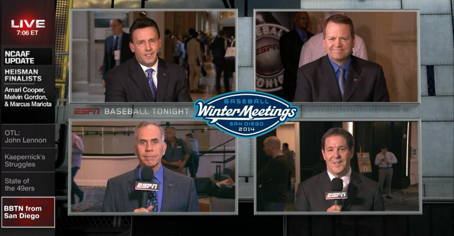 (Clockwise from top left): Baseball Tonight host Karl Ravech, MLB Insiders Buster Olney, Jayson Stark and Tim Kurkjian report from the 2014 Baseball Winter meetings during SportsCenter. (ESPN)