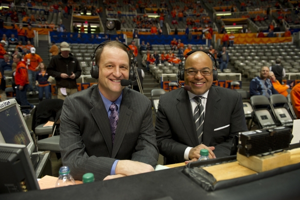 ESPN's Dan Dakich and Mike Tirico on the call during a regular season college basketball game. (Phil Ellsworth/ESPN)