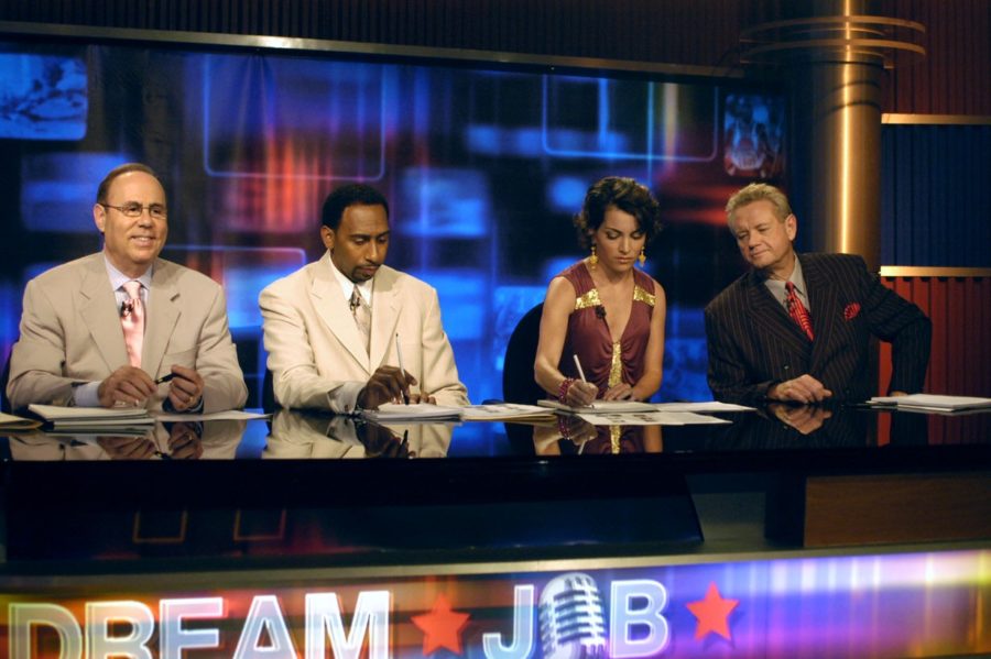 (L-R) Dream Job judges Al Jaffe, Stephen A. Smith, Kit Hoover and Woody Paige are shown working on the studio set during the taping of a show. (Lorenzo Bevilaqua/ESPN Images)