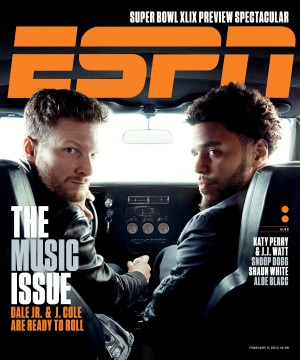 (L-R) Dale Earnhardt Jr. and J. Cole share one of the covers of ESPN The Magazine's Music Issue.