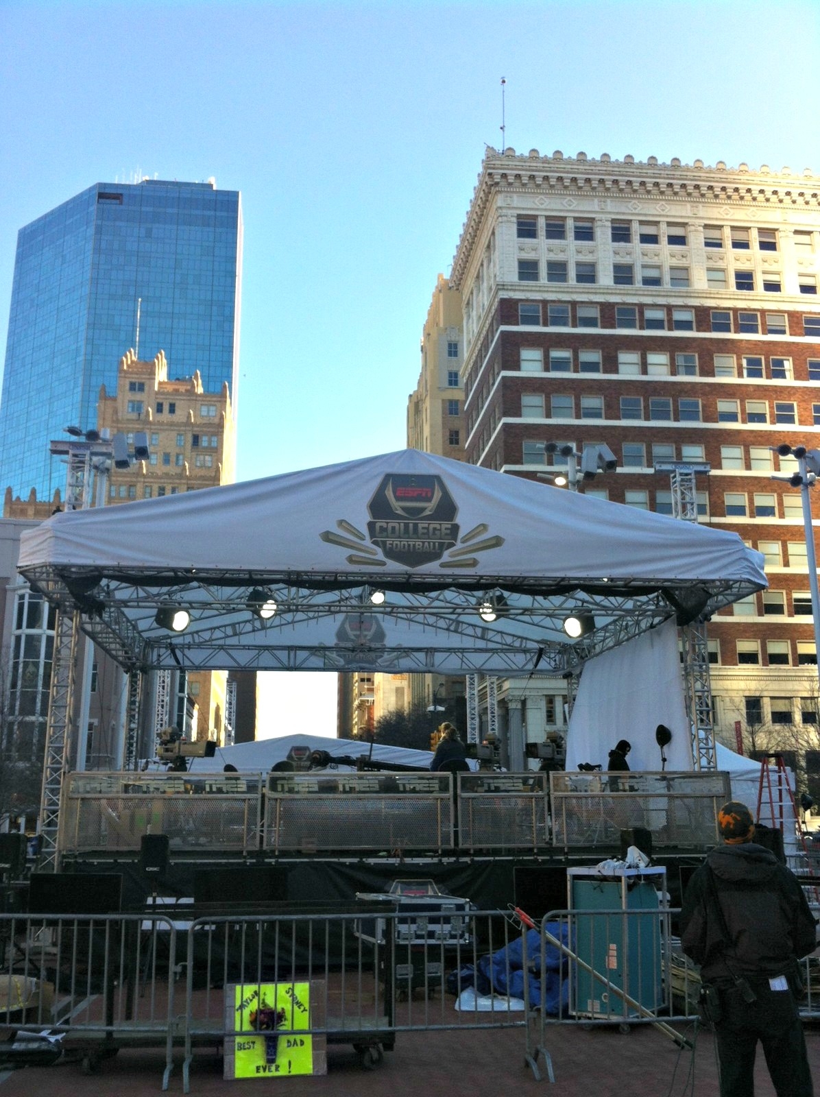 ESPN crew members work on setting up the sets in Sundance Square, Fort Worth, Texas. (Justine DeLuco/ESPN)