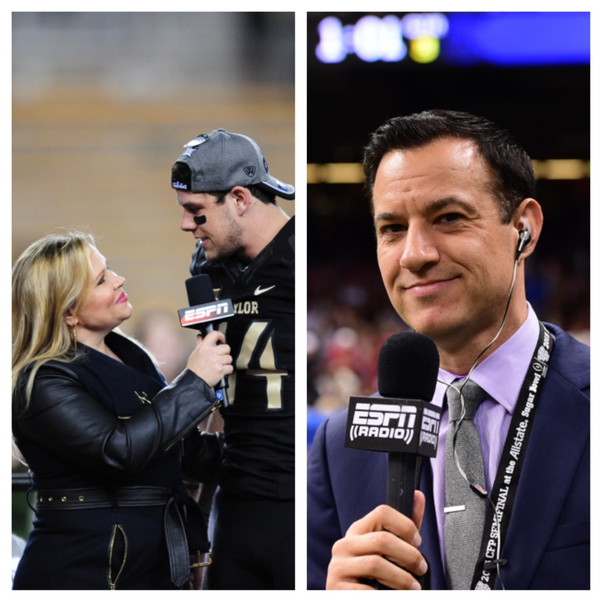 (L-R) Holly Rowe interviewing Bryce Petty of Baylor; Joe Schad during the Allstate Sugar Bowl game. (Joe Faraoni/ESPN Images) (Phil Ellsworth/ESPN Images)