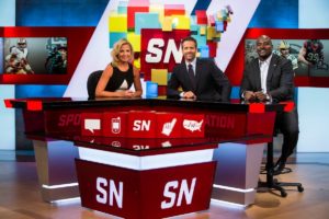 (L-R) Host Michelle Beadle with commentators Max Kellerman and Marcellus Wiley on the set of SportsNation. (Eddie Perlas/ESPN Images)