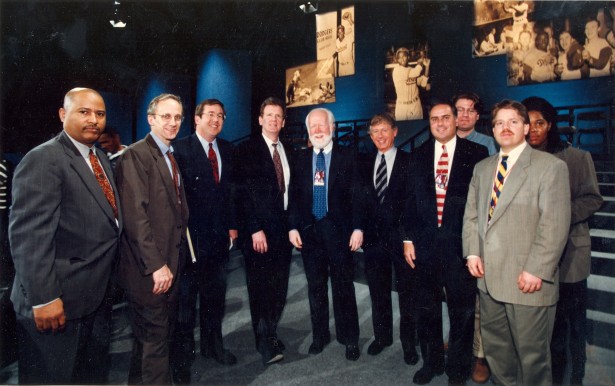 (L-R) Leon Gittens, Tom Bettag, Bob Ley, Mark Nelson, John A. Walsh, Ted Koppel, Bob Rauscher, Craig Lazarus, Norby Williamson, and Jonell McFadden Priddle. All are ESPN and ABC News leaders working together to produce the first ESPN Town Hall. 