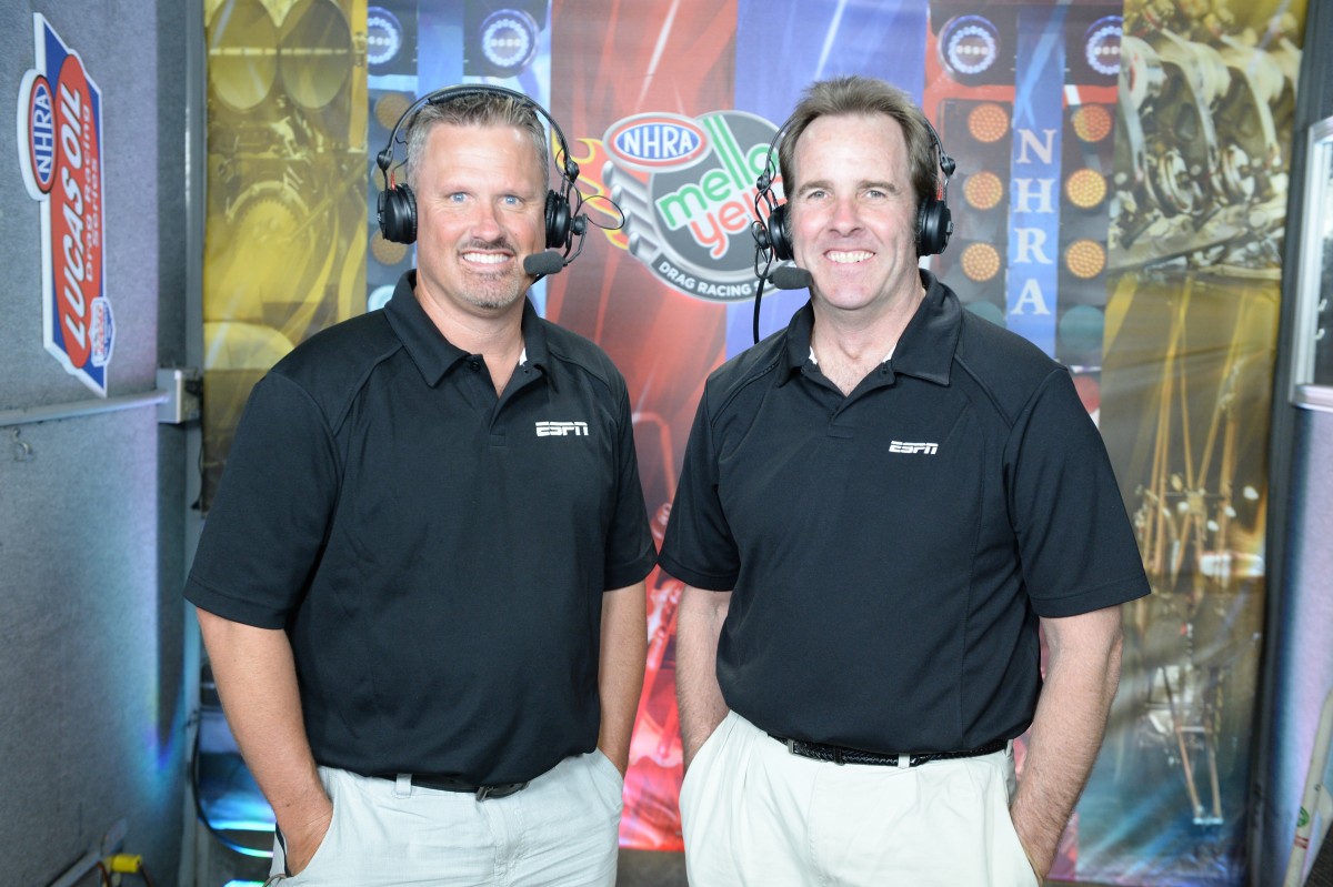 Dave Rieff (l) and Mike Dunn in the NHRA on ESPN booth. (Allen Kee/ESPN Images)