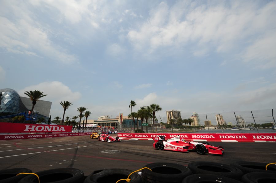 For the St. Petersburg IndyCar race SUnday, ABC's coverage will rely on 13 cameras to follow the race leader a complete lap around the circuit.  (Allen Kee/ESPN Images)