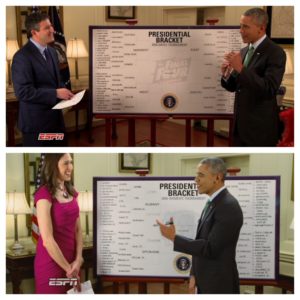 President Obama with senior writer Andy Katz and women's basketball analyst and reporter Rebecca Lobo picking the 2015 Men's and Women's Tournament Presidential Brackets.