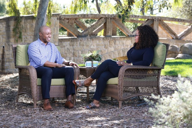 ESPN college basketball analyst Jay Williams with Oprah Winfrey as part of her Super Soul Sunday series. (Courtesy Harpo, Inc./George Burns)