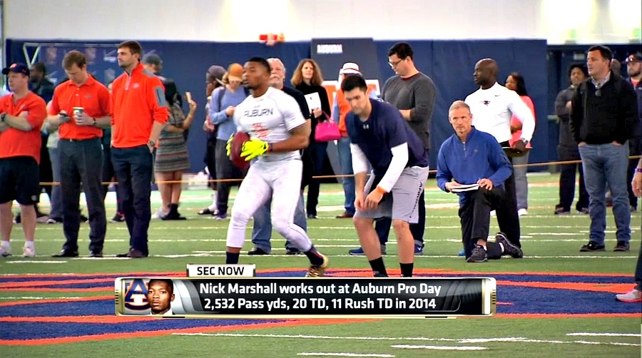 SEC Network featured coverage of Auburn’s pro day last week. Former Auburn QB Nick Marshall (holding football) was among those who participated.