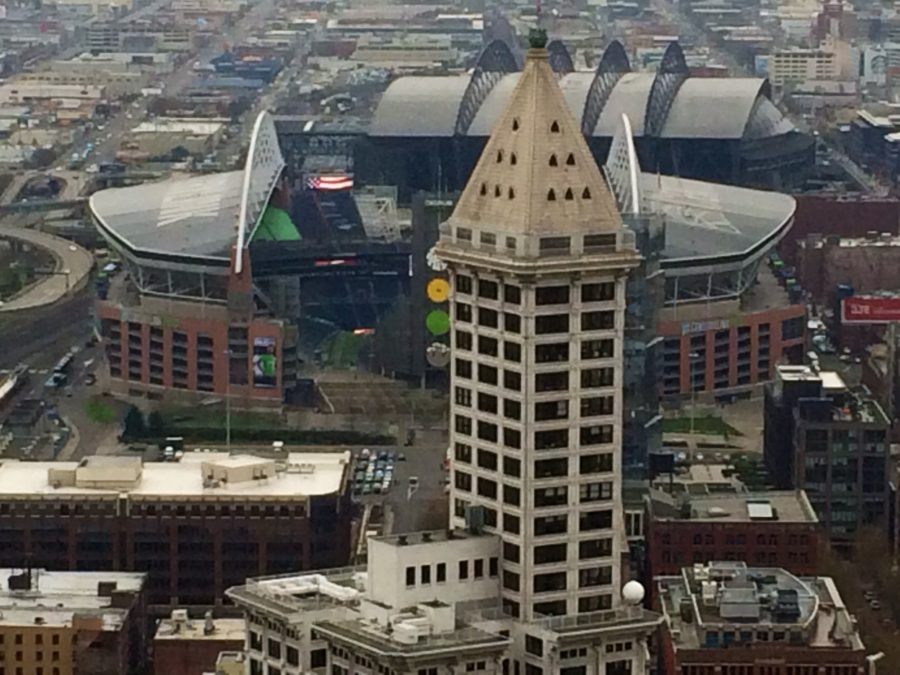 Kenny Mayne took this photo from a Seattle building overlooking the former Kingdome site, which now is home to the Seahawks'CenturyLink Field and adjacent to the Mariners' Safeco Field. (Photo courtesy of Kenny Mayne)