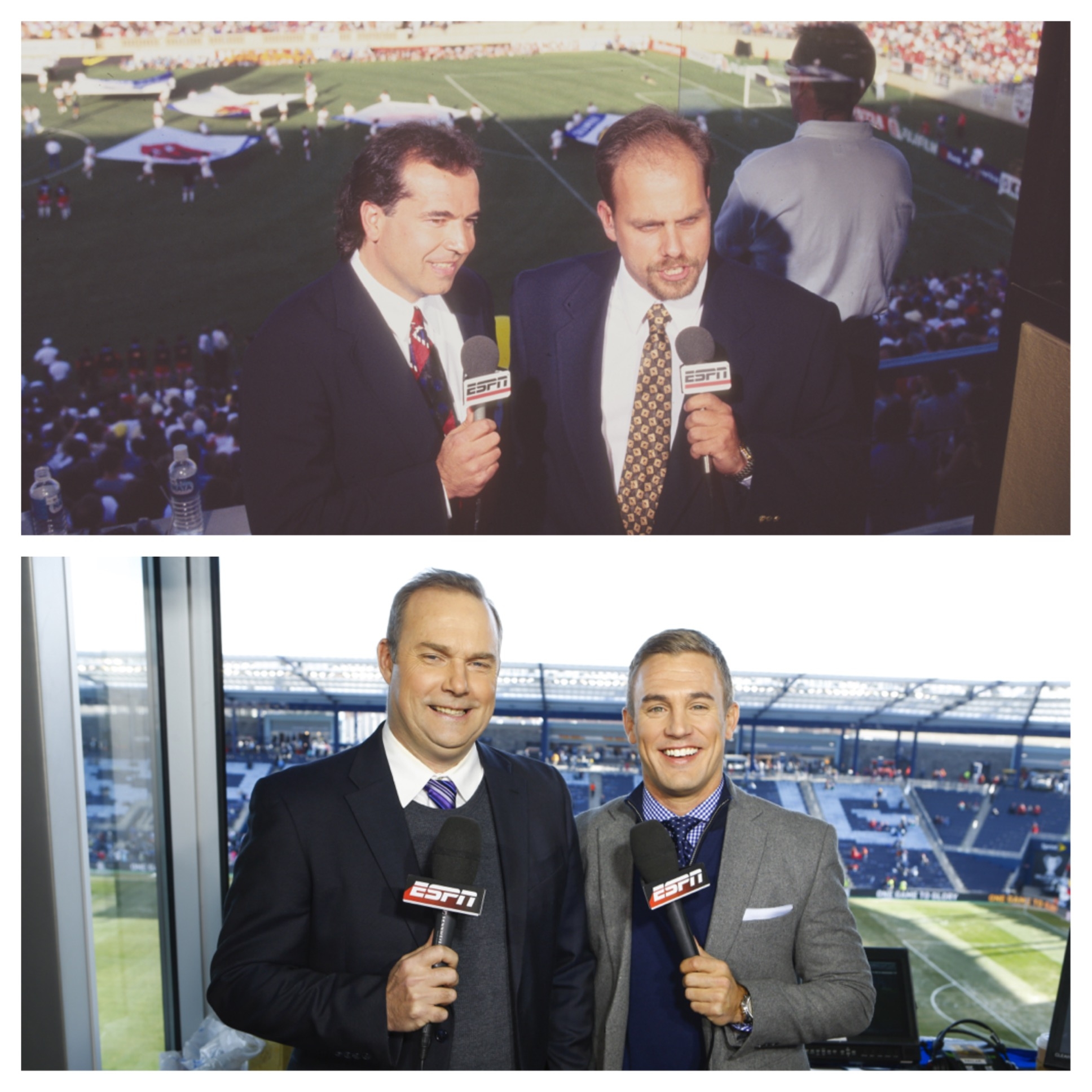 Ty Keough (top left) and Phil Schoen call the inaugural MLS opener in San Jose, Calif., in 1996 (Don Smith) ; Adrian Healey (bottom left) and Taylor Twellman return as ESPN’s lead MLS commentator team beginning Sunday. (Kyle Rivas/ESPN Images) 