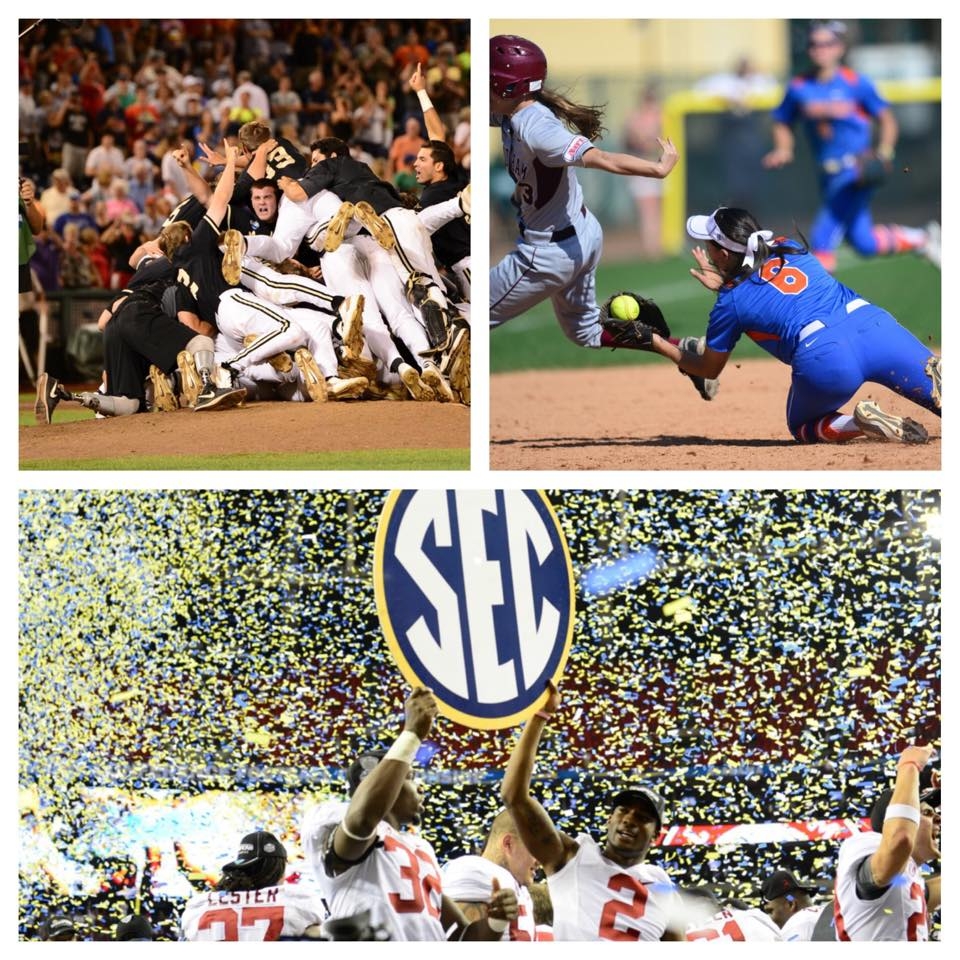 (L-R) The Vanderbilt University Commodores celebrating after winning game three of the 2014 College World Series Championship; Kathlyn Medina (6) of the University of Florida Gators during the 2014 Citrus Classic ; The University of Alabama Crimson Tide during the 2012 SEC Championship Game. (Phil Ellsworth/ESPN Images)