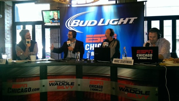 ESPN 1000’s Tom Waddle (l) and Marc Silverman (r) host a NFL Draft Roundtable on Monday in Chicago with ESPN’s Adam Schefter and John Clayton. (Adam Delevitt/ESPN)
