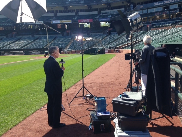 ESPN MLB reporter Tim Kurkjian reporting at Oriole Park at Camden Yards. (Kip Grosenick/ESPN)