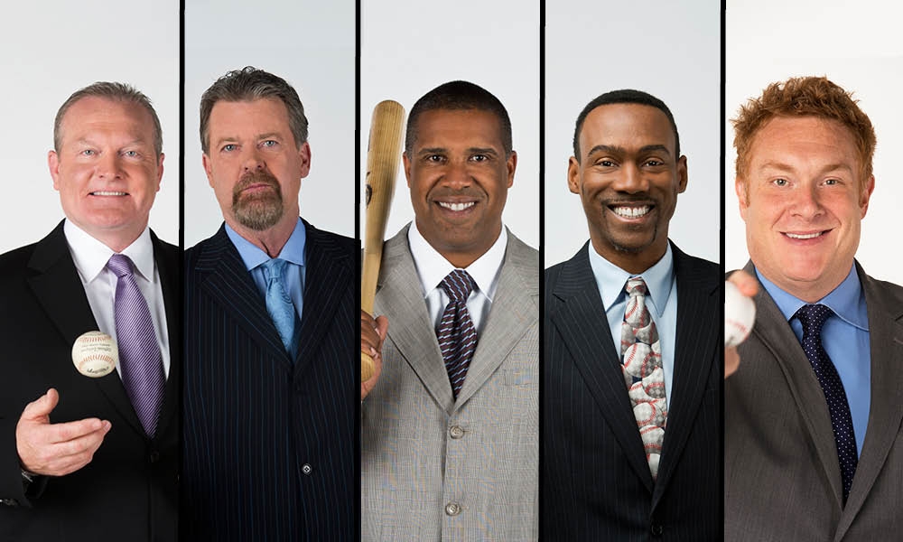 MLB analysts (L-R) Eric Wedge, Rick Sutcliffe, Eduardo Perez, Doug Glanville and Jon Sciambi. (Barry Rahmy/ESPN)