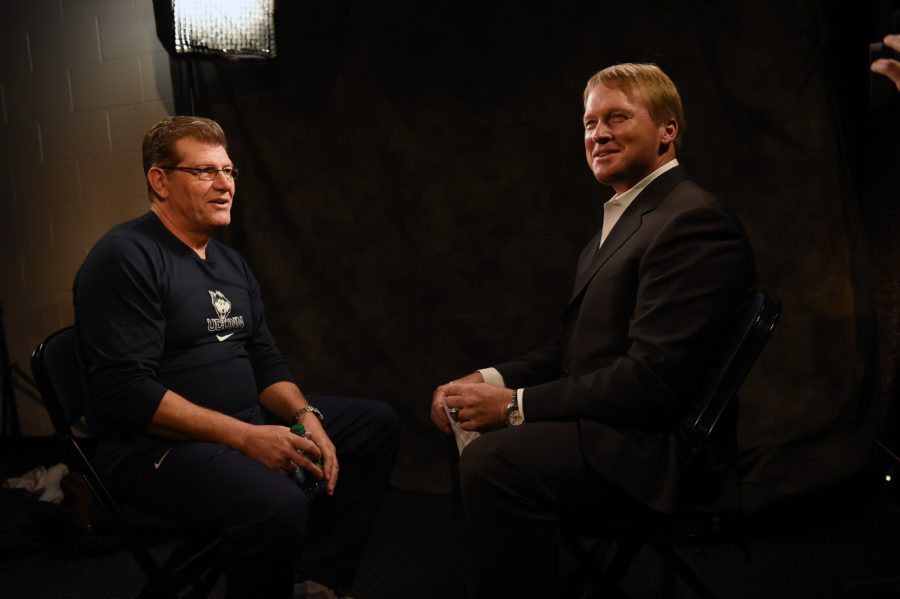 UConn women's basketball's Geno Auriemma (left) talks coaching with MNF analyst Jon Gruden on Friday, prior to the Huskies playing in the 2015 Women's Final Four this weekend. Their discussion will air on SportsCenter this weekend. (Scott Clarke / ESPN Images)