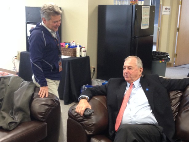 Coordinating producer Jim Bowdon with college basketball analyst Jim Calhoun. (David Scott/ESPN)