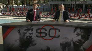 Anchor Max Bretos (l) and Friday Night Fights analyst Teddy Atlas filming SportsCenter live from the Mandalay Bay in Las Vegas. 