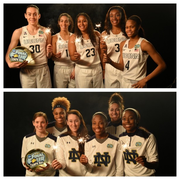 The University of Connecticut Huskies (top) and the University of Notre Dame Fighting Irish prior to the 2015 Women's Final 4. (Scott Clarke/ESPN Images)