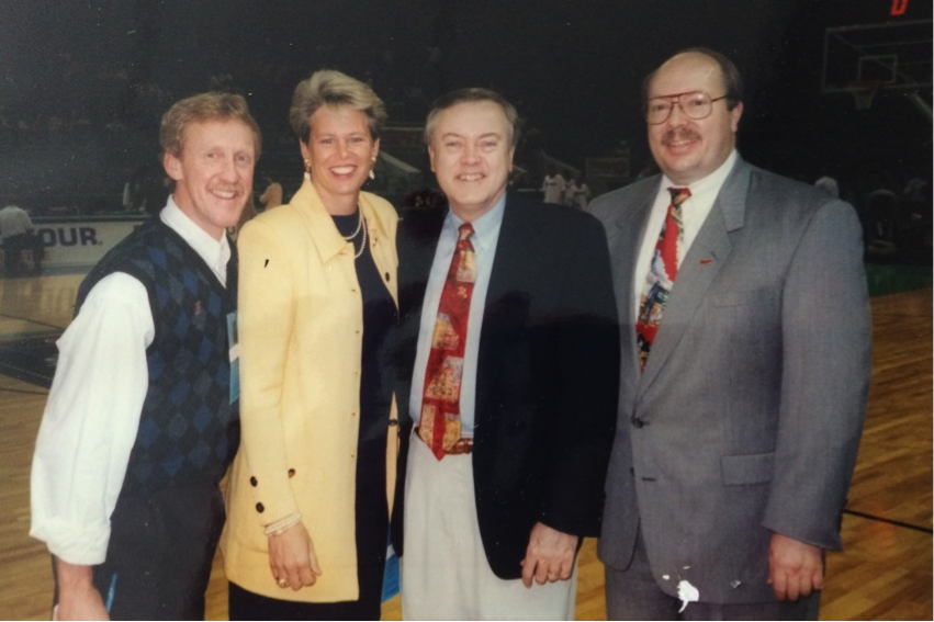 Final Four in Charlotte in 1996 [the first Final Four on ESPN] of John Maddrey (R to L) with game announcers Mike Patrick and Ann Meyers, and stat man Fred Kiger. 