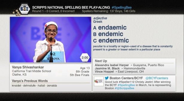 ESPN3 and WatchESPN will offer enhanced Spelling Bee "Play-Along" coverage featuring information on each word, social media, the speller's bio and more.