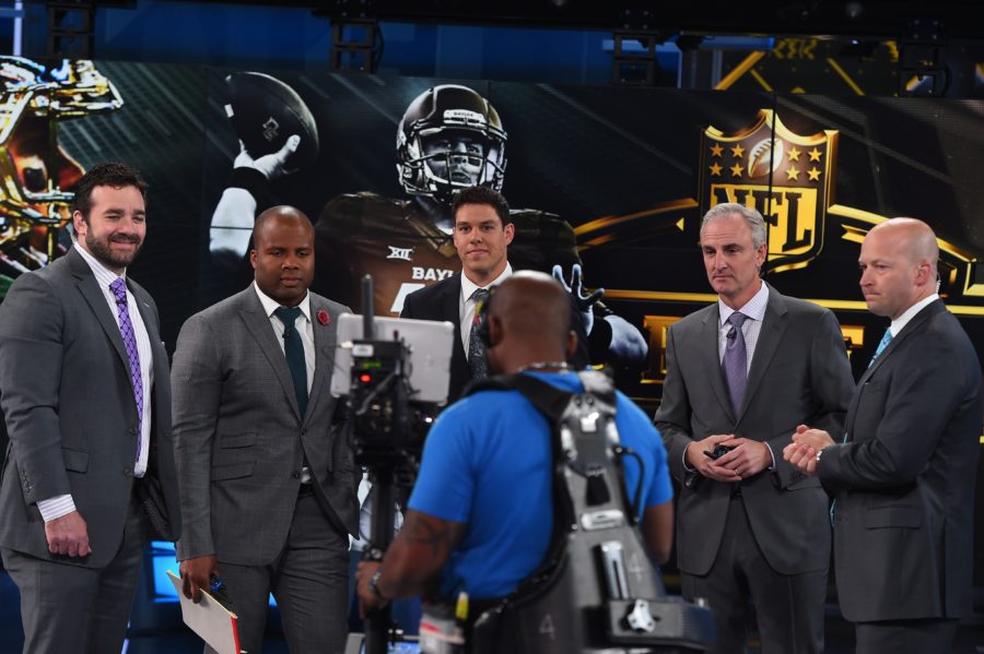 On the set of NFL Live (L-R): ESPN NFL analysts Jeff Saturday and George Whitfield; Baylor QB and NFL Draft prospect Bryce Petty;  host Trey Wingo and analyst Tim Hasselbeck stand before a camera operator.  ( Joe Faraoni / ESPN Images)