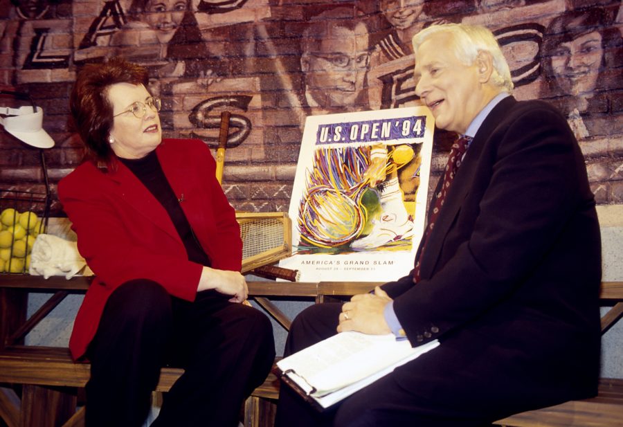 Billie Jean King (left) joins Dick Schaap on the set of ESPN Classic's Schaap One-on-One show. (E.H Wallop)