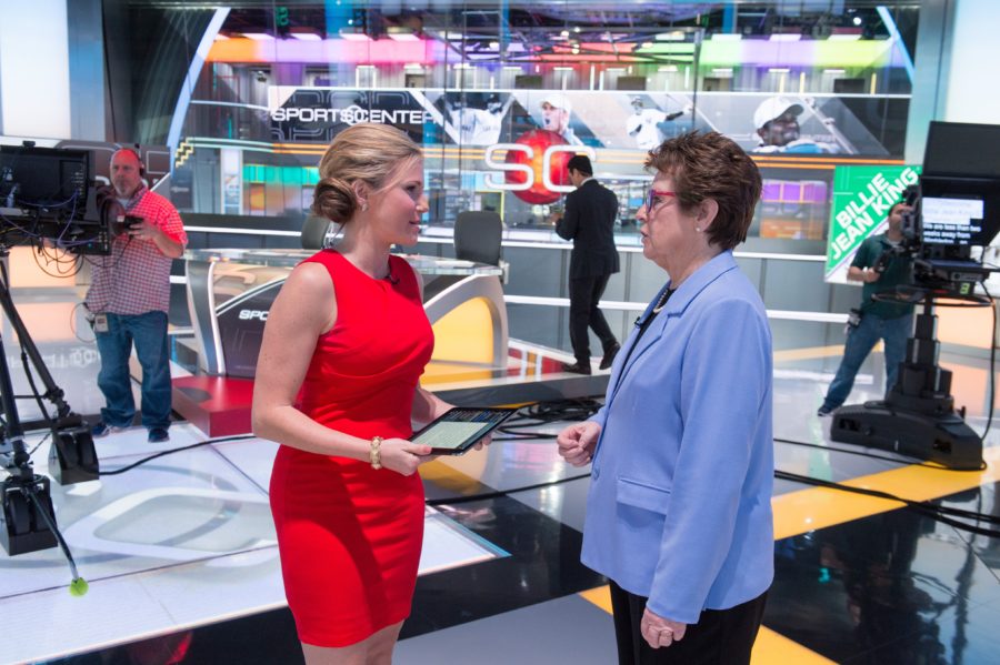 Anchor  Jaymee Sire and Billie Jean King talk on the set of SportsCenter. (Rich Arden/ESPN Images)
