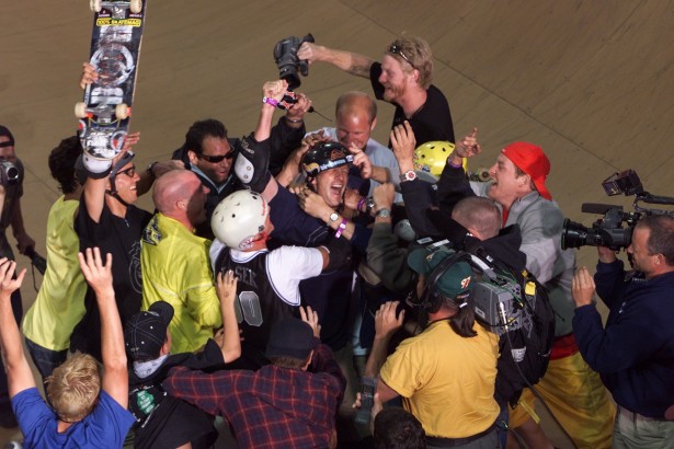 Tony Hawk celebrating after landing the first ever 900 at X Games V. (Shazamm/ESPN Images)