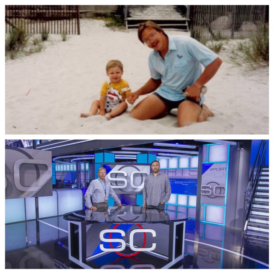 Top:  Ben (l) and Mark Schumacher at the beach; Bottom: Mark (l) and Ben in the SportsCenter studios.  (Photos courtesy of the Schumachers)