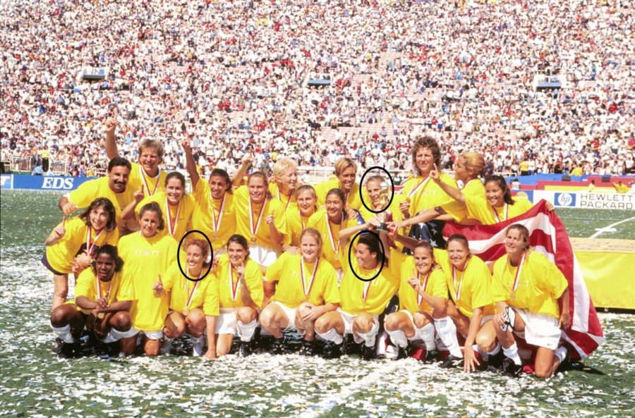 The US Women’s team after defeating China in a double overtime penalty kick to win the 1999 World Cup. Circled are players on that team who are now ESPN soccer analysts: Circled top row: Kristine Lilly; Circled bottom left: Kate Markgraf; Circled bottom right: Julie Foudy (Craig Sjodin/ABC)