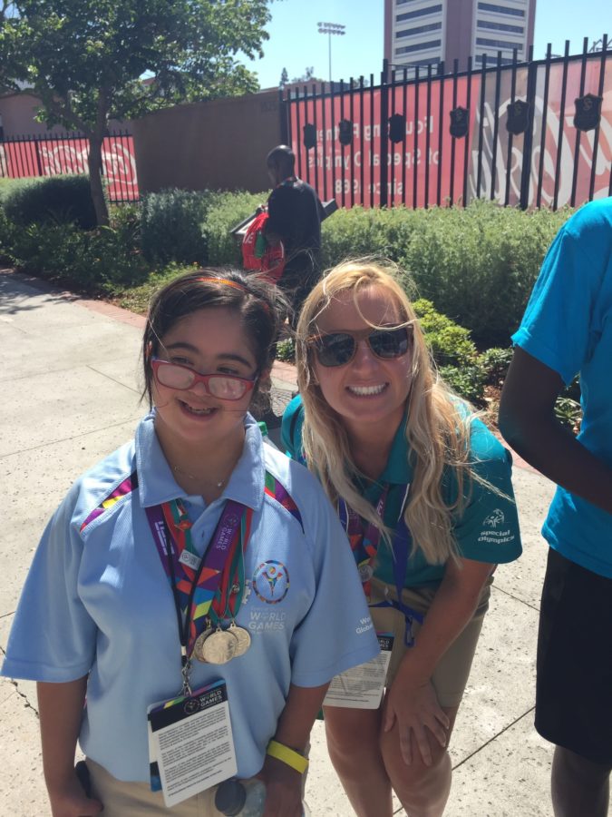 Jennifer Leimbach (right) with a medalist from the aquatics competition. (Photo courtesy Jennifer Leimbach)