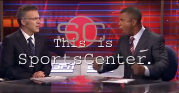 Neil Everett witnesses the effects of a “Double, Double” on partner Stan Verrett in a “This is SportsCenter” promo.