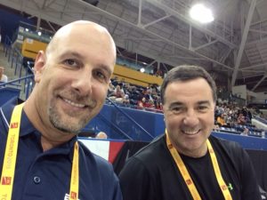 Earlier this month, Fran Fraschilla (right, with Dan Shulman) was in Toronto calling the Pan Am Games. (Photo courtesy Dan Shulman/ESPN)