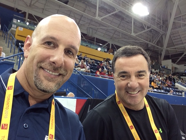 Play-by-play voice Dan Shulman (left) and basketball analyst Fran Fraschilla are in Toronto this week for ESPN's coverage of the men's basketball competition at the Pan Am Games. (Photo courtesy Dan Shulman/ESPN)