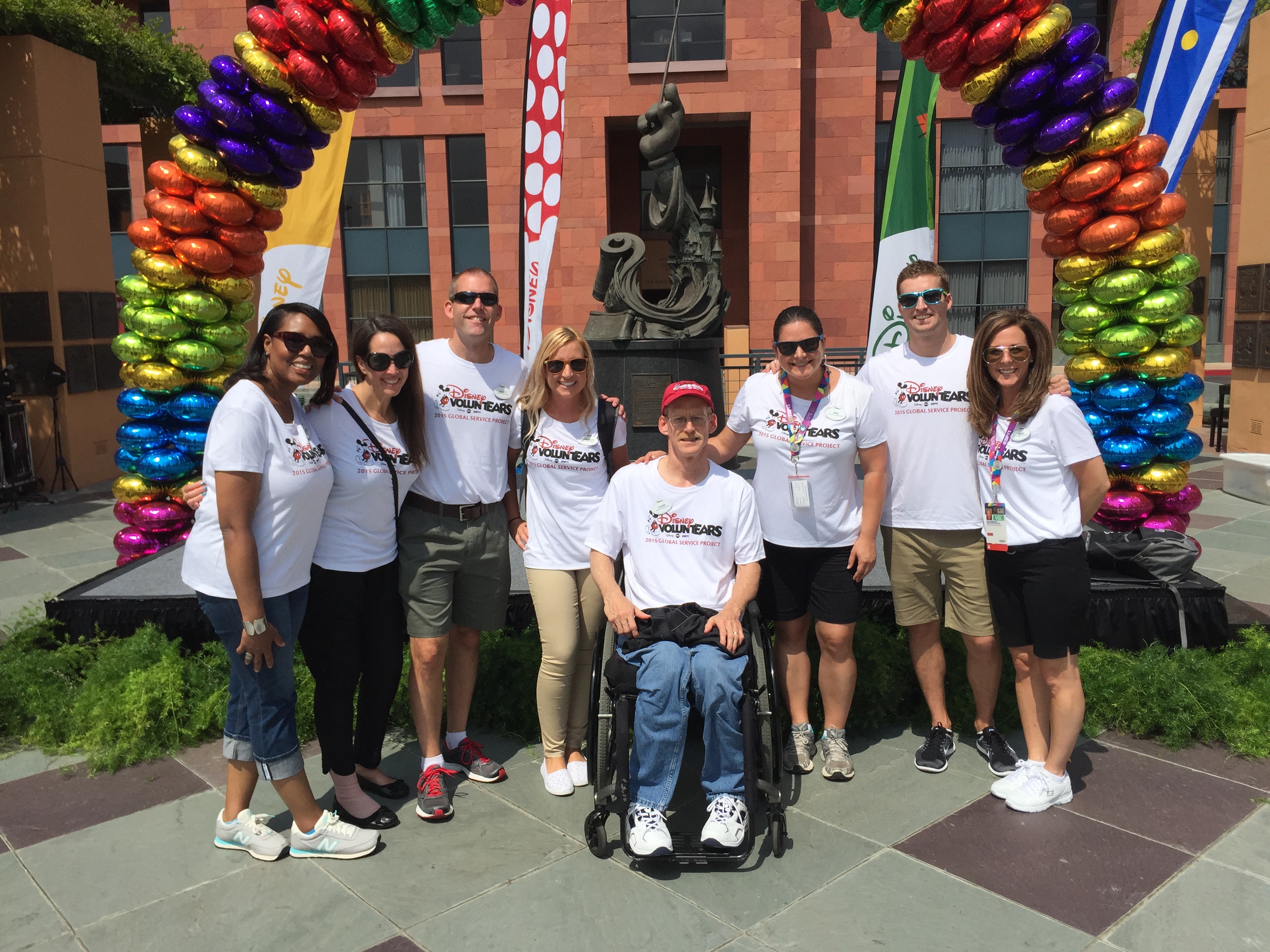 ESPN employees (L-R) Denise McFarlane, Ana Blanch, Scott Pentoney, Jennifer Leimbach, David Kelley, Brienne Gallagher, Mark Porter and Amie Giersdorf at the Walt Disney Studio Lot, Legends Plaza. (Photo courtesy Jennifer Leimbach)